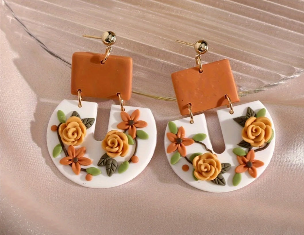 Brown/white with orange flower earrings