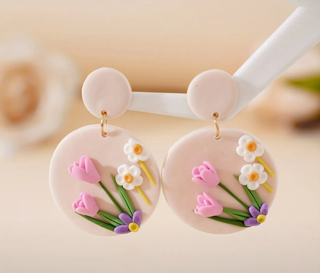 Pink and white flower earrings