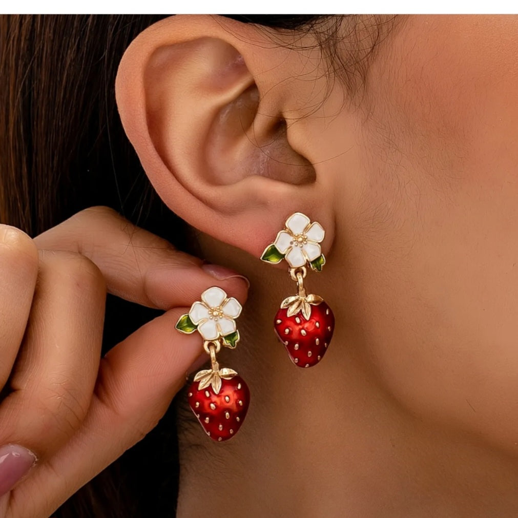 White flower strawberry earrings