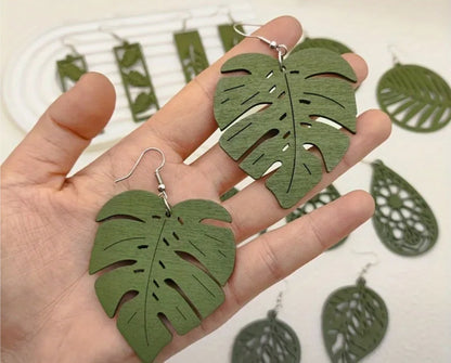 Green leaf wooden earrings